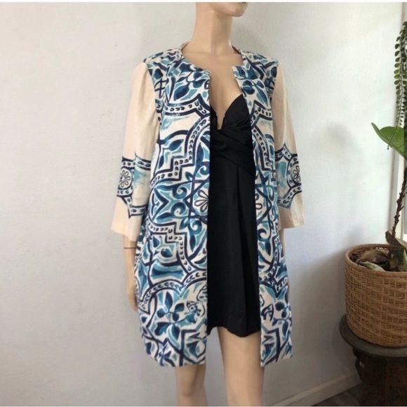 Chico’s Artisan Printed Linen Jacket blue, cream - Picture 6 of 16